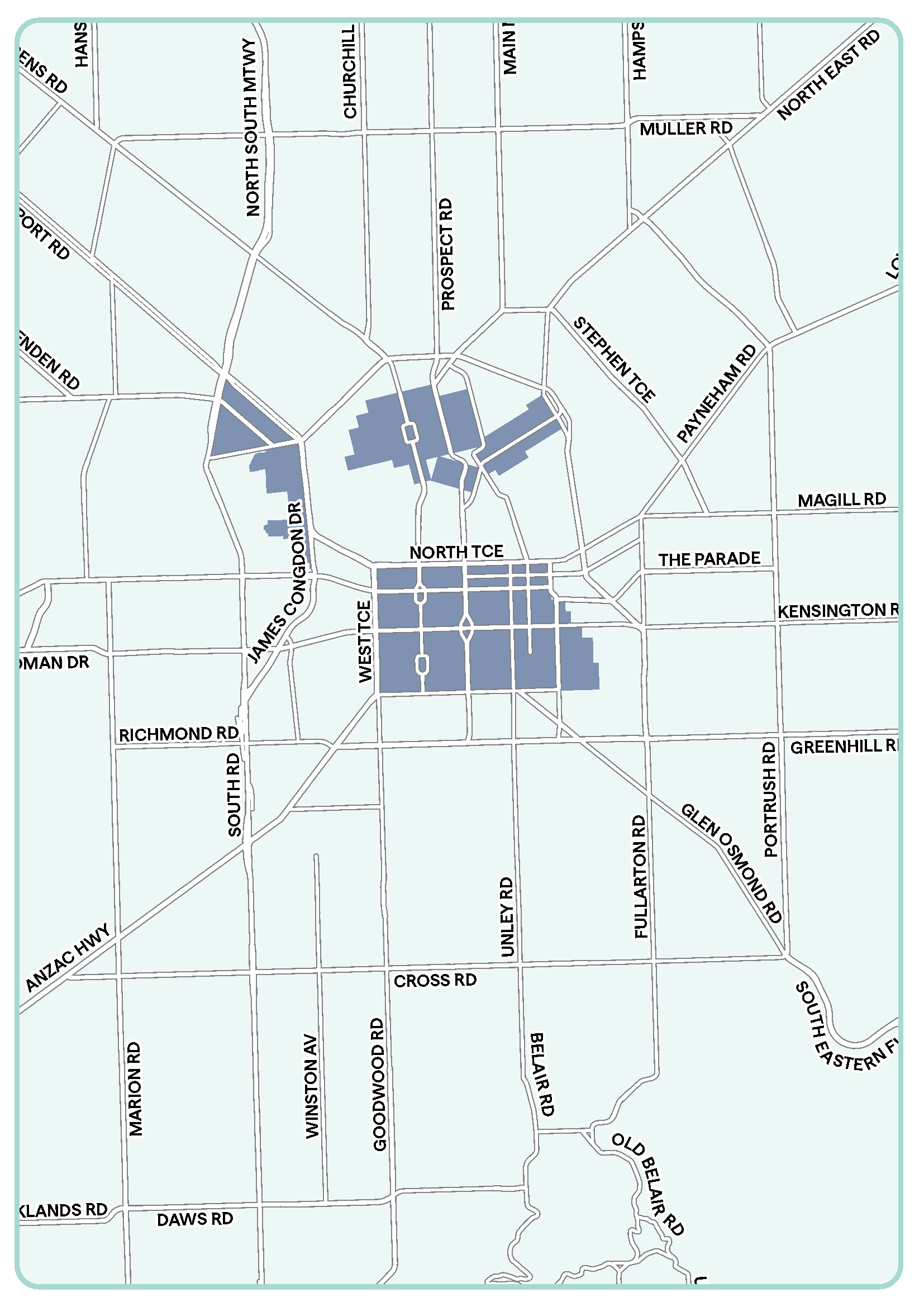 Map showing the Adelaide CBD, North Adelaide and the Port Road precinct